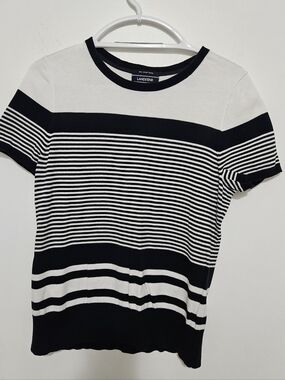 Lands' End Black & White Short-Sleeve Striped Knit Top Supia Cotton Size Medium
